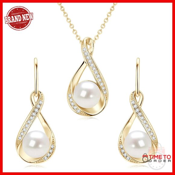 Sterling Silver Pearl Jewelry Set with Moissanite 8mm Earrings 9mm Necklace
